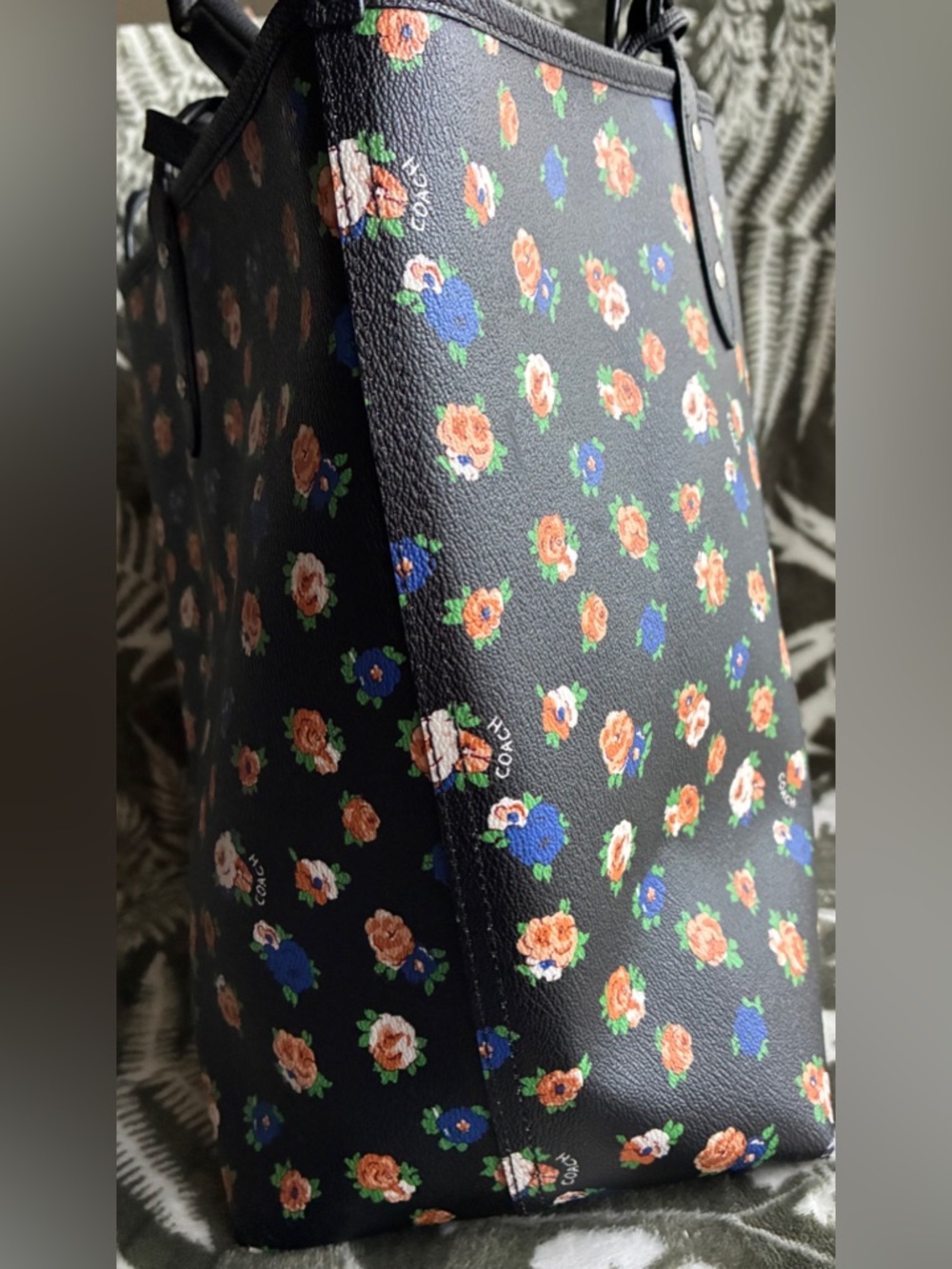 Coach Black Floral Print Tote with Orange and Blue Blooms,REVERSIBLE Bag - Picture 14 of 15